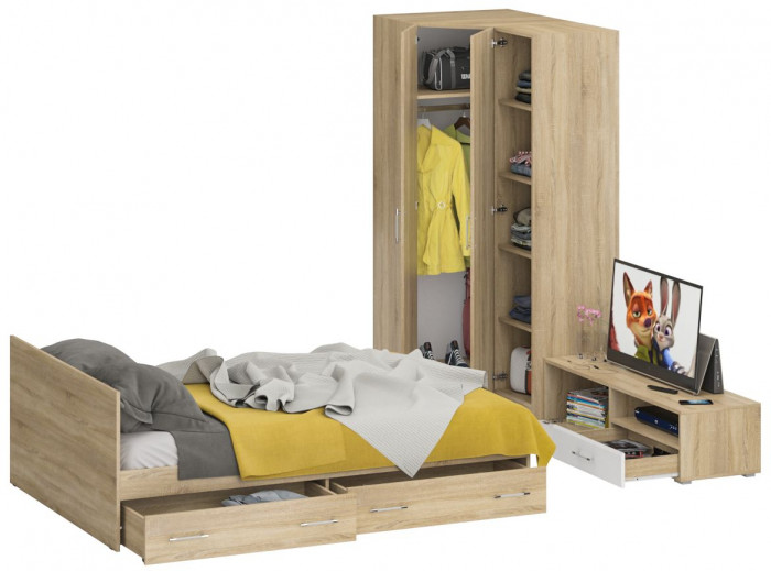 Спальня Стандарт 4-1400Я, дуб сонома/фасады ТВ тумбы МДФ белый глянец