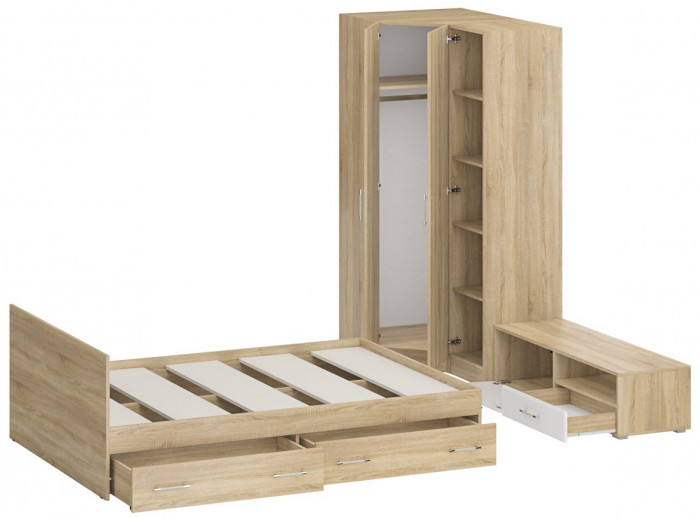 Спальня Стандарт 4-1400Я, дуб сонома/фасады ТВ тумбы МДФ белый глянец