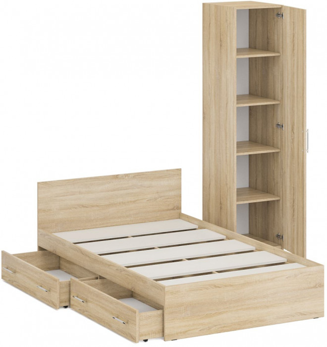 Кровать с ящиками 1200 + Пенал Стандарт, дуб сонома