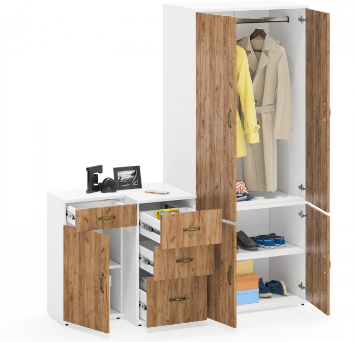 Лидер-8 Шкаф МД 19Б + Тумба МД 3.15 + Тумба МД 3.16, белый шагрень/крафт золото