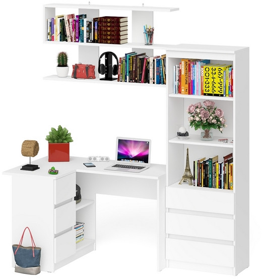 Мори компьютерный стол МС-16 левый + Стеллаж МСТ600.3 + Полка 1200, белый
