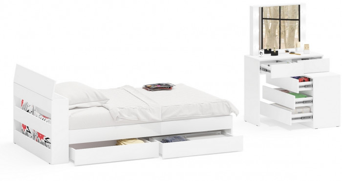 Ксения Кровать с ящиками 1200 + Стол косметический с подсветкой 110, белый