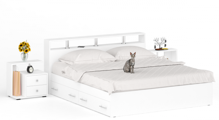 Камелия Кровать с ящиками 1800 + две тумбы, цвет белый, ШхГхВ 296х217х78,2 см., сп.м. 1800х2000 мм., без матраса, основание есть