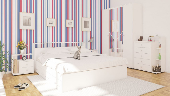 Камелия Кровать с ящиками 1800 + две тумбы, цвет белый, ШхГхВ 296х217х78,2 см., сп.м. 1800х2000 мм., без матраса, основание есть