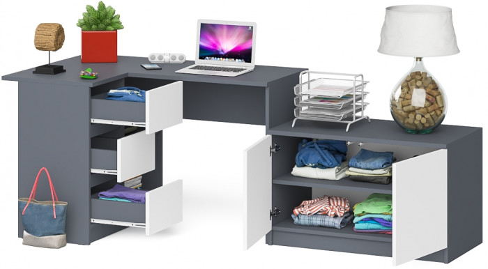 Мори Стол компьютерный МС-16 левый + Тумба МА900.1, цвет графит/белый, ШхГхВ 214,8х84,9х76,6 см., выдвижные ящики слева, НЕ универсальная сборка