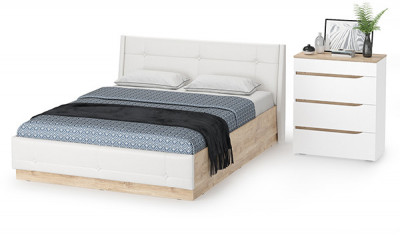 Муссон Кровать 11.28 + подъёмный ортопед + Комод 13.97, цвет белый/дуб эндгрейн элегантный/кожзам белый, сп. м. 1600х2000 мм., б/м