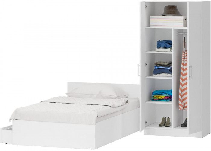 Кровать с ящиками 1200 + Шкаф 2-х створчатый Стандарт, белый