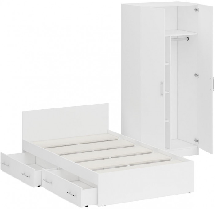 Кровать с ящиками 1200 + Шкаф 2-х створчатый Стандарт, белый