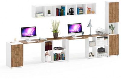 Лидер-8 Стол + Полка + Стол + Полка + Пенал + Тумба МД 3.16, белый шагрень/крафт золото