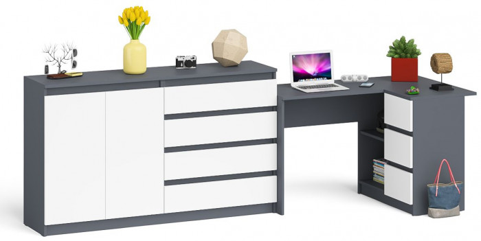 Мори компьютерный стол МС-16 правый + Комод МК1600.1, графит/белый