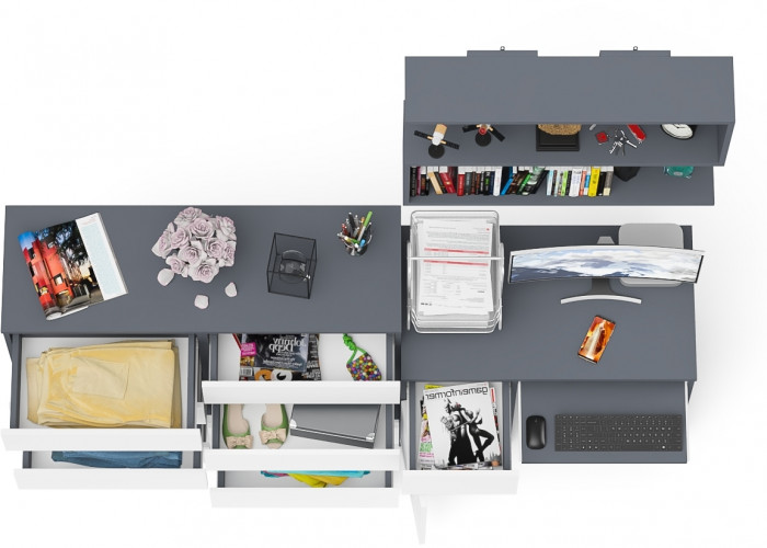 Мори компьютерный стол МС-1 левый + Комод МК1200.8 + Полка 900, графит/белый