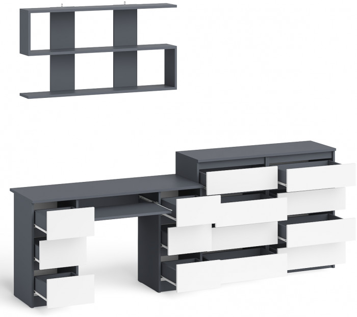Мори компьютерный стол МС-2 + Комод МК1200.8 + Полка 1200, графит/белый