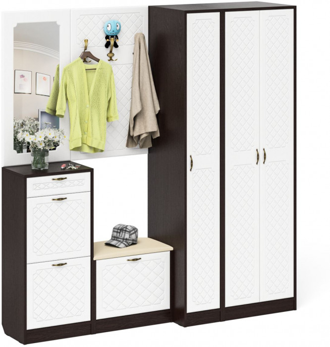 Прихожая П-6 Компоновка № 51, цвет венге/фасады МДФ белое дерево фрезеровка ромб, ШхГхВ 200х50х210 см., универсальная сборка