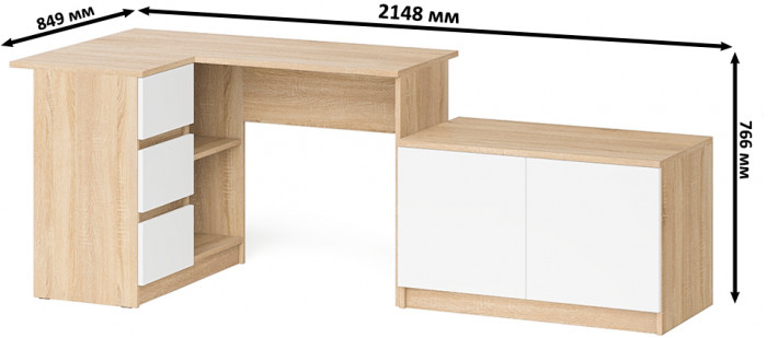 Мори Стол компьютерный МС-16 левый + Тумба МА900.1, цвет дуб сонома/белый, ШхГхВ 214,8х84,9х76,6 см., выдвижные ящики слева, НЕ универсальная сборка
