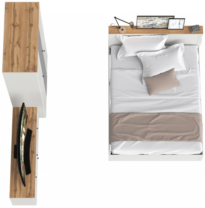 Остин 11.53 Кровать + ортопед + 13.336.03 Шкаф для одежды + 16.47 Тумба под ТВ, белый шагрень/дуб крафт золотой