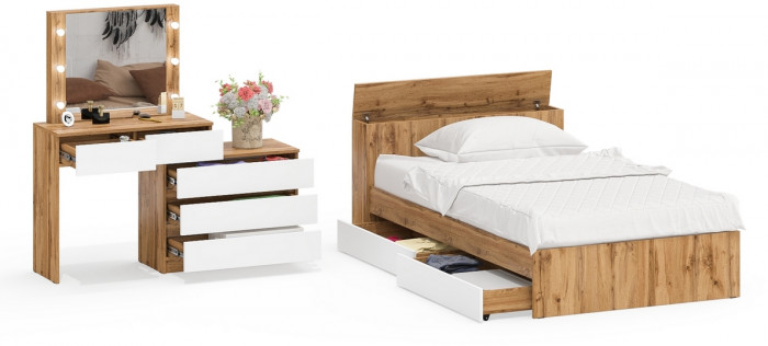 Ксения Кровать с ящиками 1200 + Стол косметический с подсветкой 110, дуб вотан/белый