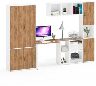 Лидер-8 Шкаф МД 20Б + Стол + Полка + Пенал, белый шагрень/крафт золото