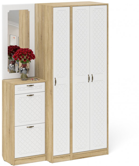 Прихожая П-6 Компоновка № 49, дуб сонома/фасады МДФ белое дерево фрезеровка ромб