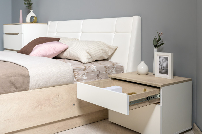 Муссон Кровать 11.28 + подъёмный ортопед + Тумба 16.03 + Тумба ТВ 13.276, цвет белый/чёрный/дуб эндгрейн элегантный/кожзам белый, 1600х2000 мм., б/м