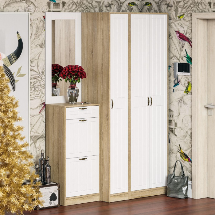Прихожая П-6 Компоновка № 49, цвет дуб сонома/фасады МДФ белое дерево фрезеровка прованс, ШхГхВ 140х50х210 см., универсальная сборка