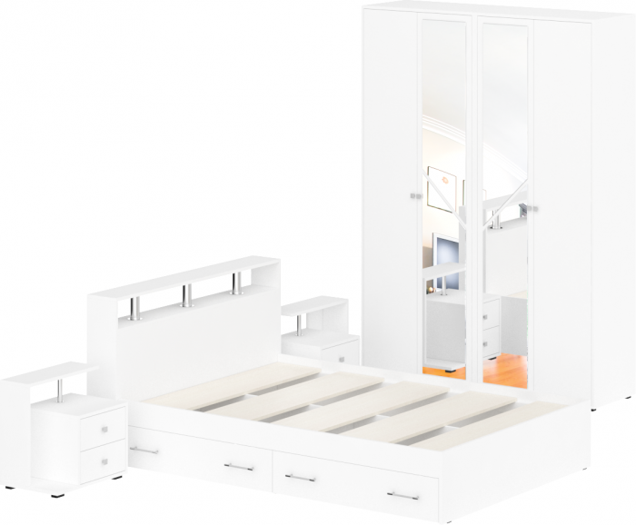 Камелия спальня № 8 Кровать с ящиками 1400 + Две тумбы + Шкаф 4-х створчатый, белый