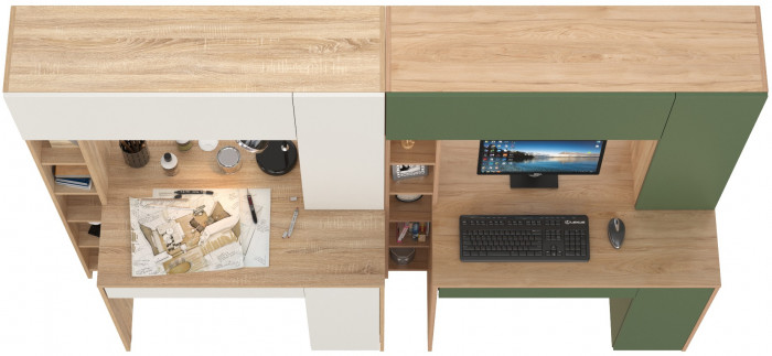 Два стола комп. Комфорт 12.71, дуб сонома/белый/гикори рокфорд натуральный/дымчатый зел.