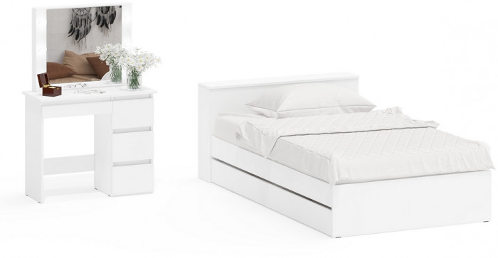 Ксения Кровать с ящиками 1200 + Стол косметический с подсветкой Сура, белый