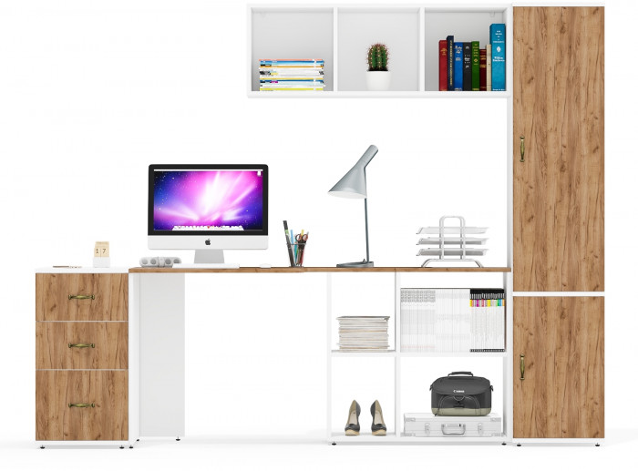 Лидер-8 Стол + Полка + Тумба МД 3.16 + Пенал МД 22Б, белый шагрень/крафт золото