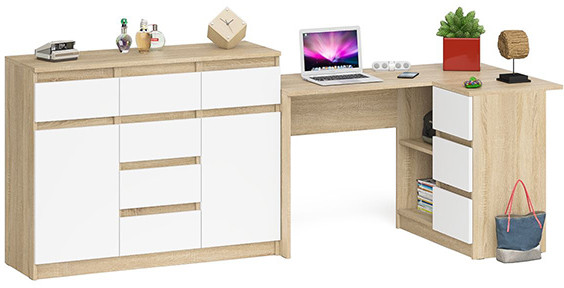 Мори компьютерный стол МС-16 правый + Комод МК1200.4, дуб сонома/белый