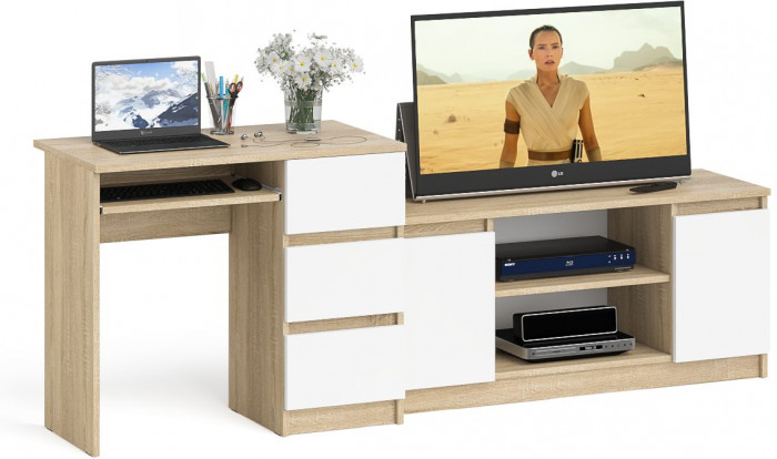 Мори компьютерный стол МС-6 правый + Тумба МТВ1200.1, дуб сонома/белый