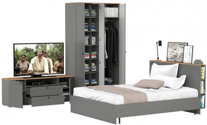 Остин 11.53 Кровать + ортопед + 13.336.03 Шкаф для одежды + 16.47 Тумба под ТВ, серый графит/дуб крафт золотой