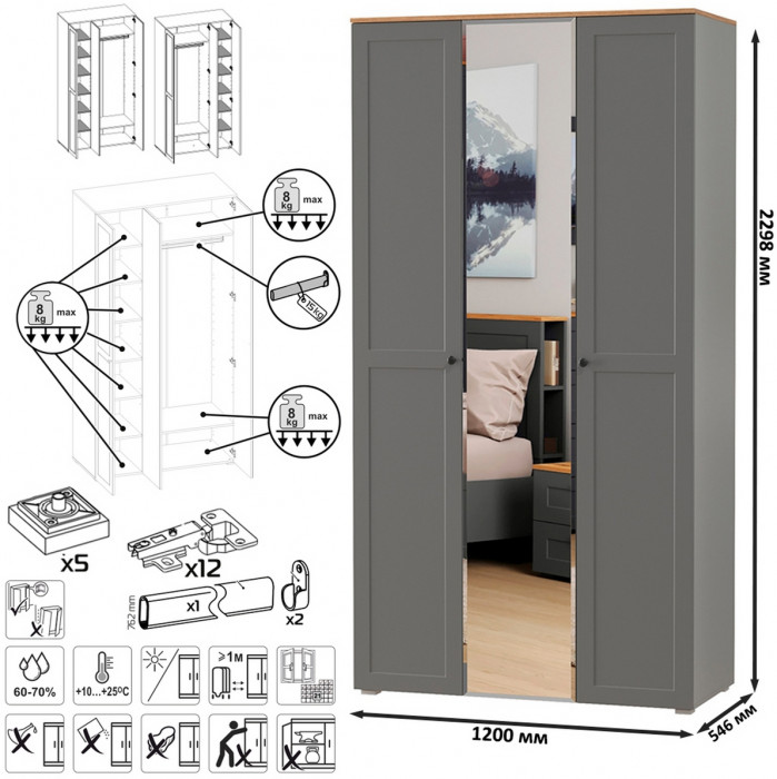 Остин 11.53 Кровать + ортопед + 13.336.03 Шкаф для одежды + 16.47 Тумба под ТВ, серый графит/дуб крафт золотой