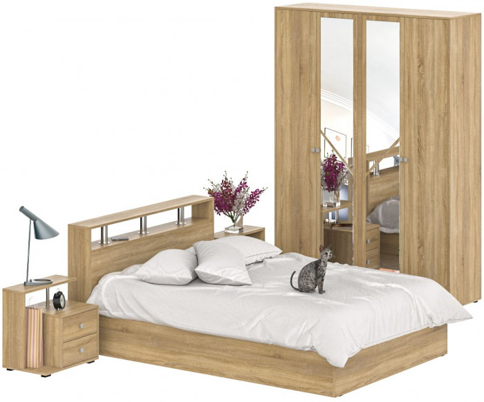 Камелия спальня № 1 Кровать 1400 + Две тумбы + Шкаф 4-х створчатый, цвет дуб сонома, сп.м. 1400х2000 мм., б/м, основание есть