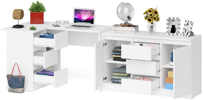 Мори компьютерный стол МС-16 левый + Комод МК1200.3, белый