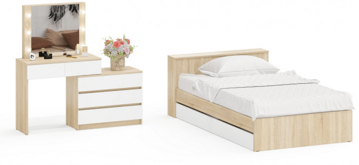 Ксения Кровать с ящиками 1200 + Стол косметический с подсветкой 110, дуб сонома/белый