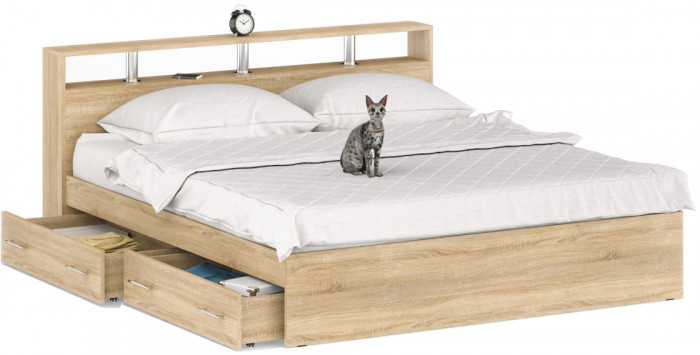 Камелия Кровать с ящиками 1800, цвет дуб сонома, ШхГхВ 183,5х217х78,2 см., сп.м. 1800х2000 мм., без матраса, основание есть