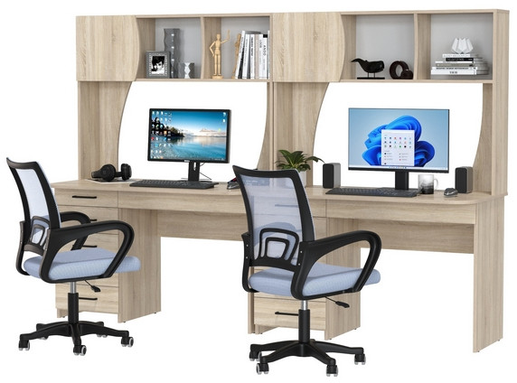 Два стола рабочих 6-0606 Сигма + два кресла 103 серых, цвет дуб сонома, ШхГхВ 241х60,5х166 см., НЕ универсальная сборка