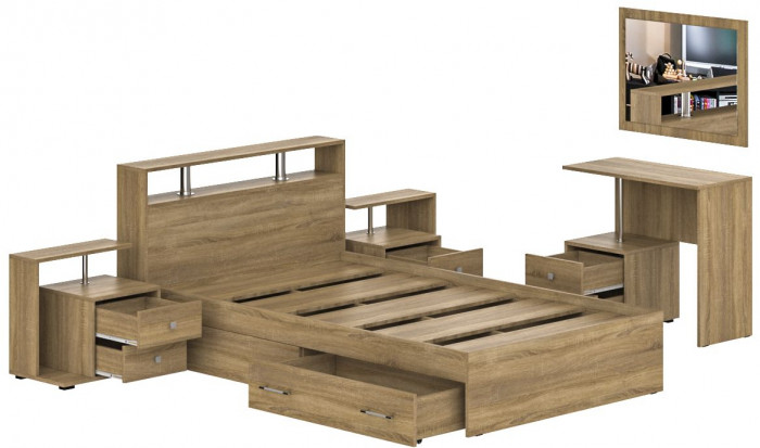 Камелия спальня № 13 Кровать с ящиками 1200 + Две тумбы + Стол косметич. + Зеркало, цвет дуб сонома, сп.м. 1200х2000 мм., б/м, основание есть