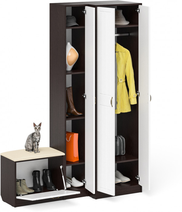 Прихожая П-6 Компоновка № 25, венге/фасады МДФ белое дерево фрезеровка прованс