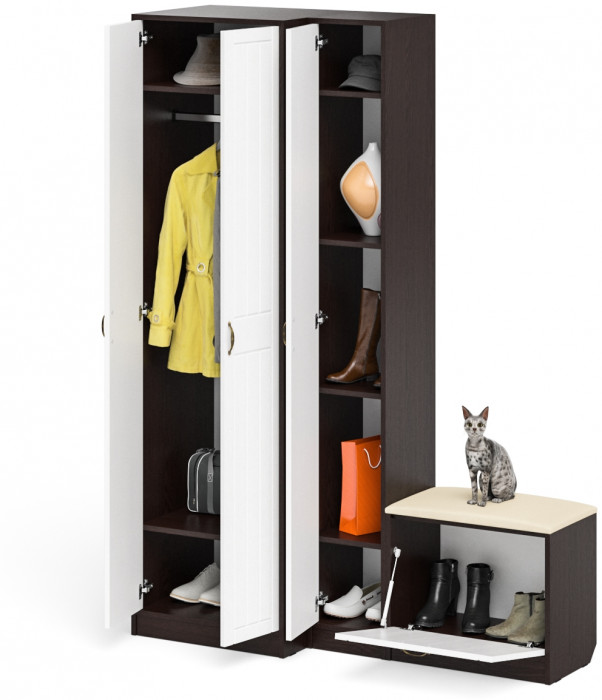 Прихожая П-6 Компоновка № 25, венге/фасады МДФ белое дерево фрезеровка прованс