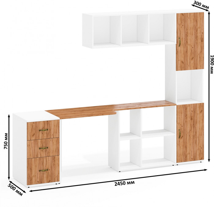 Лидер-8 Стол + Полка + Тумба МД 3.16 + Пенал, белый шагрень/крафт золото