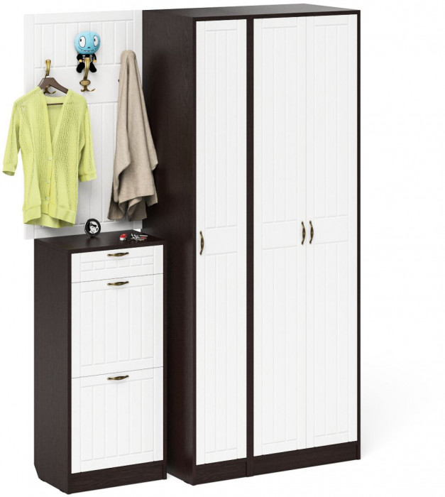 Прихожая П-6 Компоновка № 50, венге/фасады МДФ белое дерево фрезеровка прованс