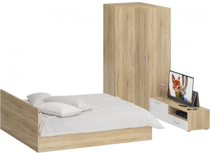 Спальня Стандарт 4-1800, дуб сонома/фасады ТВ тумбы МДФ белый глянец