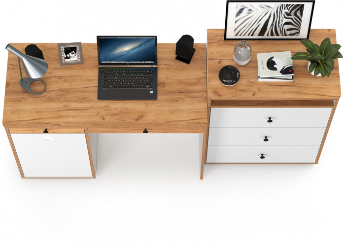 Вуди письменный стол 12.42 + Комод 13.293, белый премиум/дуб крафт золотой