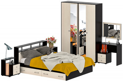 Камелия спальня № 9 Кровать с ящиками 1600 + Две тумбы + Стол космет. + Зеркало + Шкаф 4-х, венге/дуб лоредо