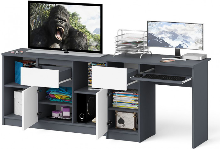 Мори компьютерный стол МС-1 левый + Тумба МТВ1204.1, графит/белый