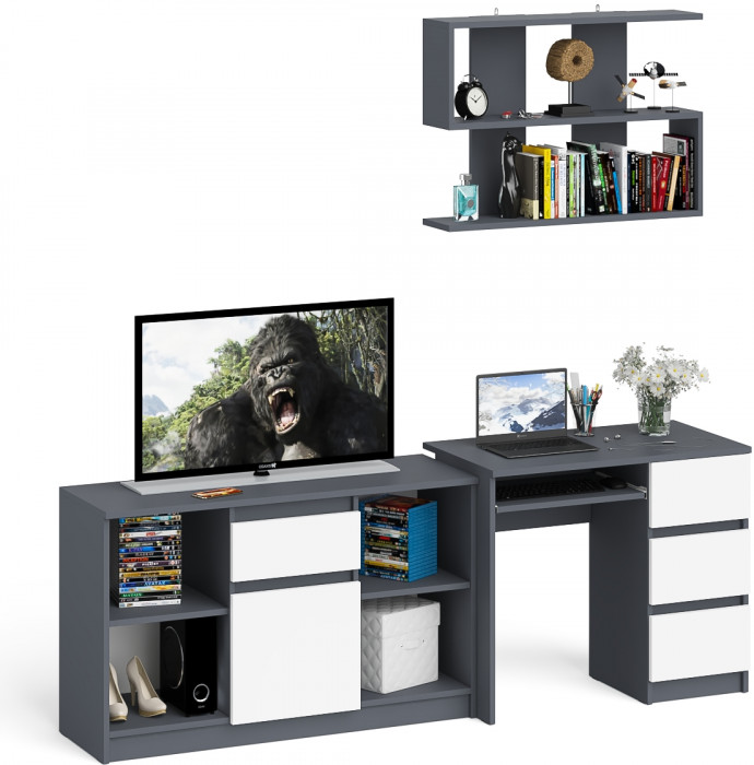 Мори компьютерный стол МС-6 правый + Тумба МТВ1204.1 + Полка 900, графит/белый