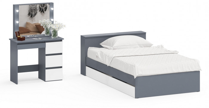 Ксения Кровать с ящиками 1200 + Стол косметический с подсветкой Сура, графит/белый