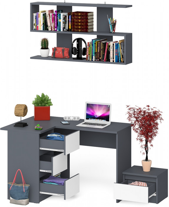 Мори компьютерный стол МС-16 левый + Тумба ТМП400.1 + Полка 1200, графит/белый