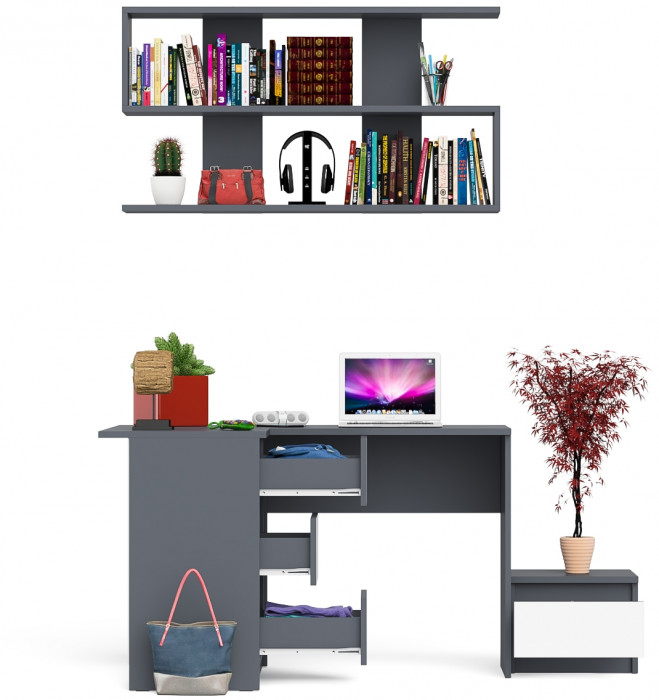 Мори компьютерный стол МС-16 левый + Тумба ТМП400.1 + Полка 1200, графит/белый